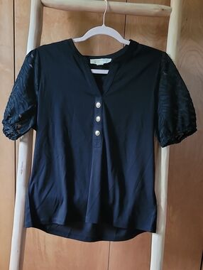 Michael Kors Black Lace Sleeve Henley Top with Gold Buttons